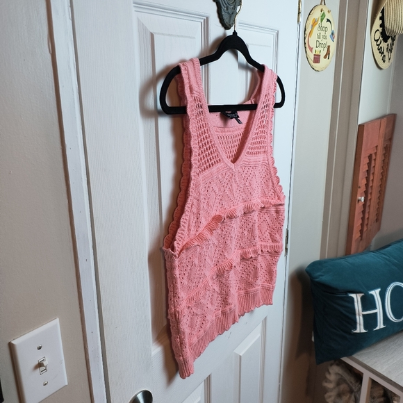 Pink Knit open weave Crochet Eyelet Scalloped Textured Sweater Tank Top Vest L - Picture 2 of 9